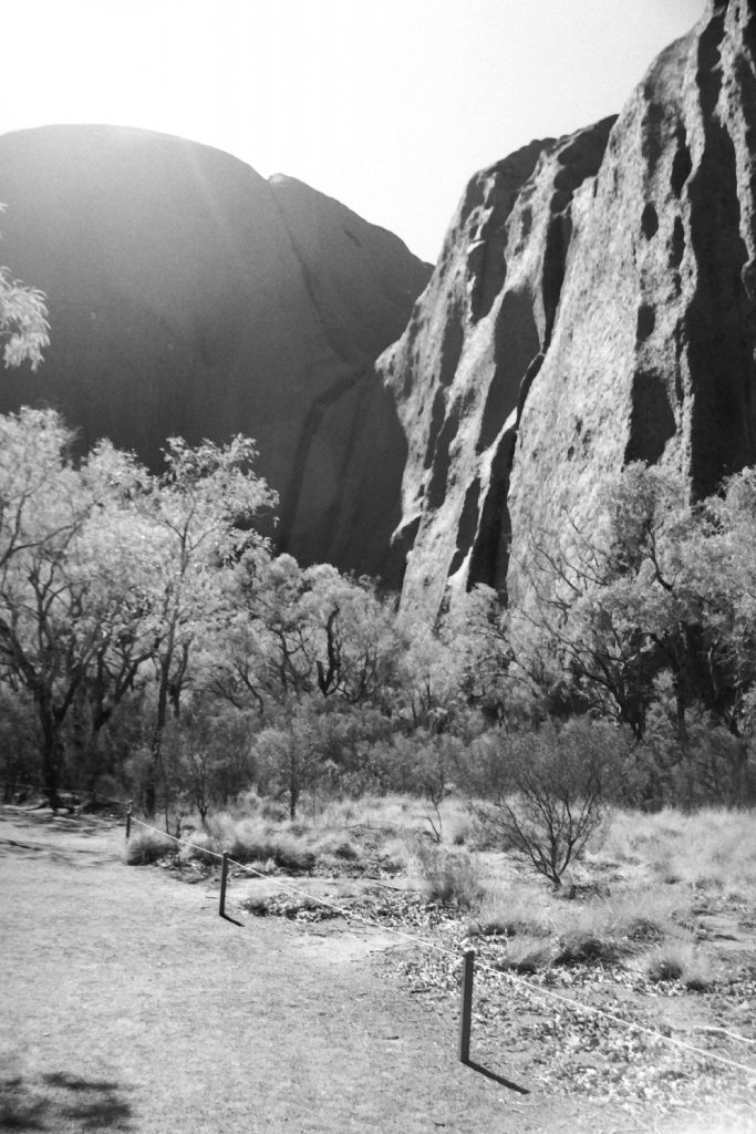 Black and white photograph of Uluru