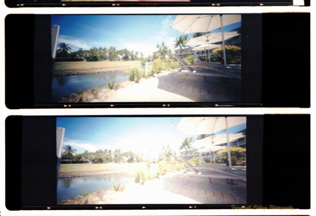 A contact sheet containing two colour images 6 x 12 cm, with negative edge markings.