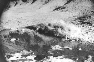 Back and white photo of a rock pool with reflections in it