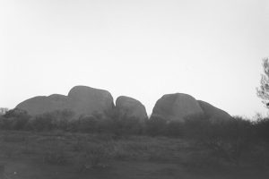 Black and white photo of Kata Tjuta at sunset