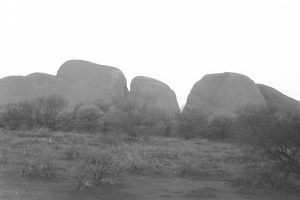 Black and white photo of Kata Tjuta at sunset
