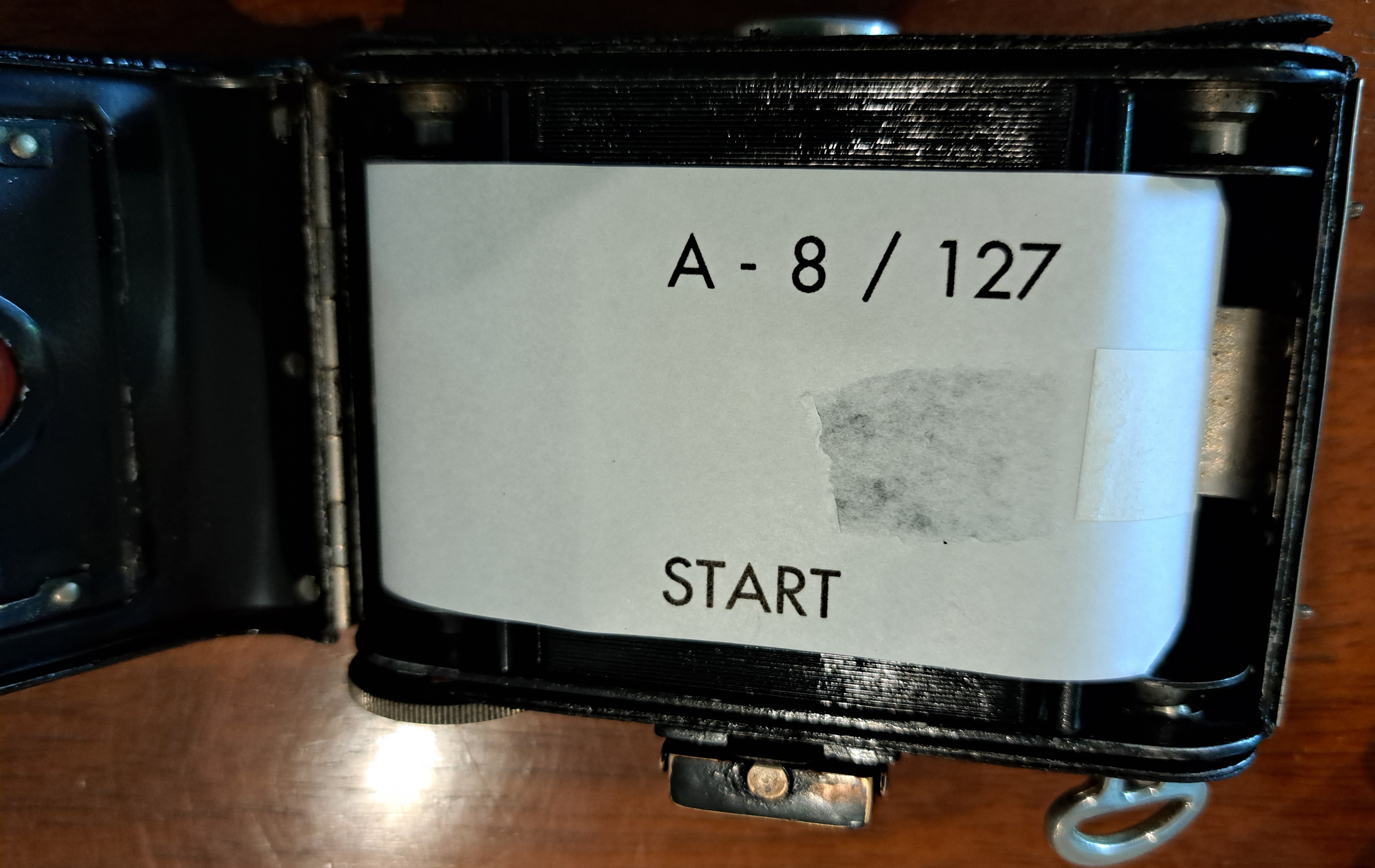 Small vintage folding camera with the back open and 127 film has been loaded into the take up spool. The backing paper has "A-8 / 127 START" printed on it.