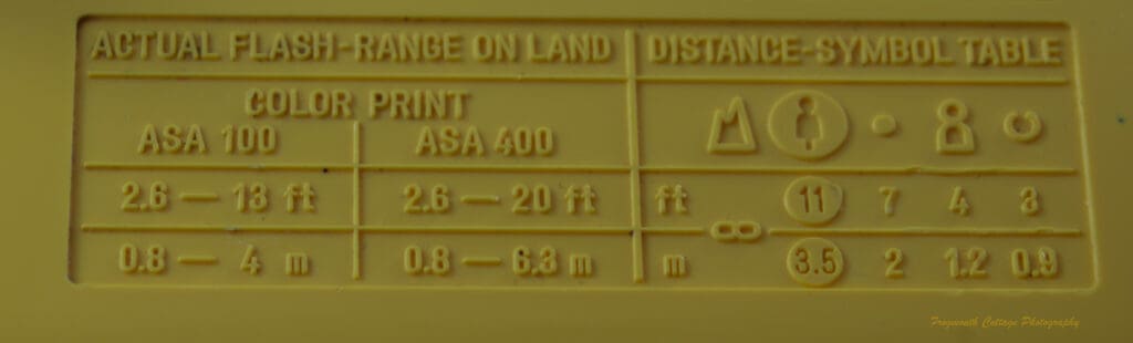 Photograph of the flash and distance instructions on the Minolta Weathermatic A