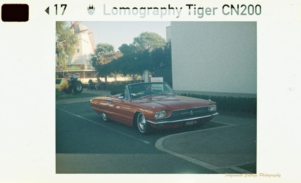 Photo of a red vintage convertible car parked alongside a white building with a sign reading "MOVE"on it. In the background is a windmill and a sculpture of a yellow cow with tractor tyres for hind legs.