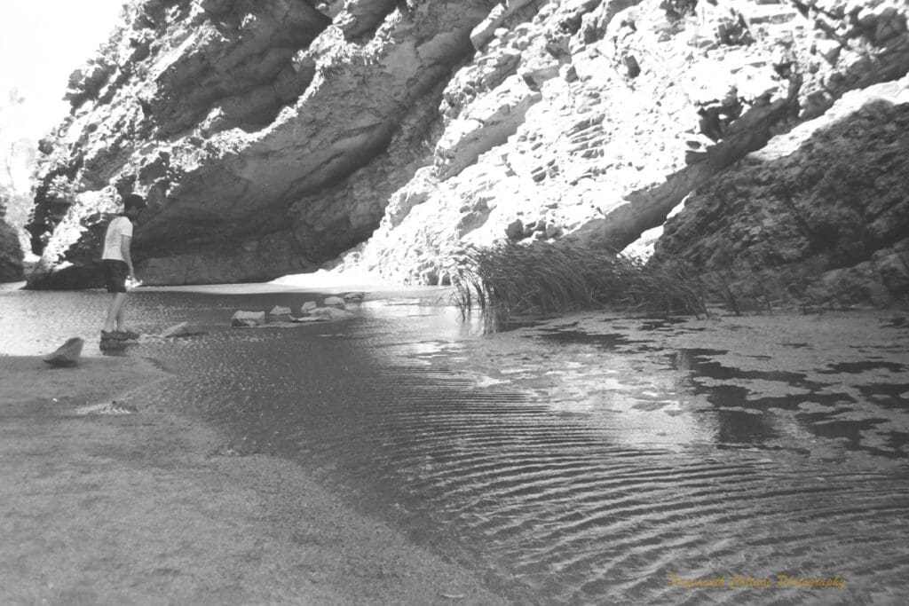 Black and white photo of a boy walking across stepping stones across a stream of water