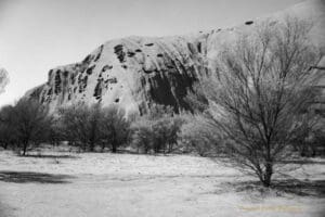 Black and white photo of Uluru in the Uluru and Kata Tjuta National Park, Northern Territory