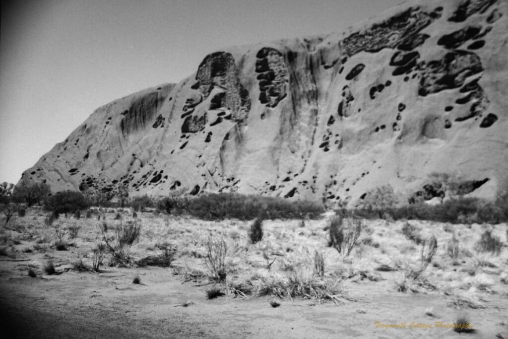Black and white photo of Uluru in the Uluru and Kata Tjuta National Park, Northern Territory