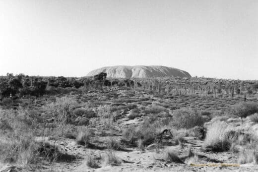 Black and white photo of a dark scrubby landscape with a large, long rock in the background.