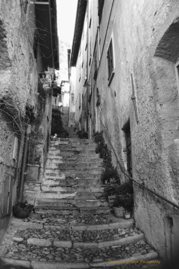 Black and white photograph of stone steps leading up between houses, with doors and windows to the side.