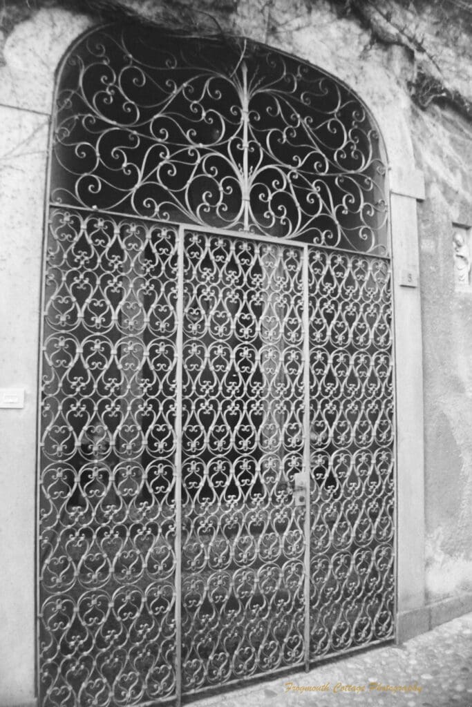 Black and white photograph of a wrought iron gate set into a concrete wall.