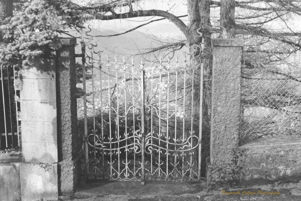 Black and white photograph of a wrought iron gate in a fence with the view of a valley behind it.